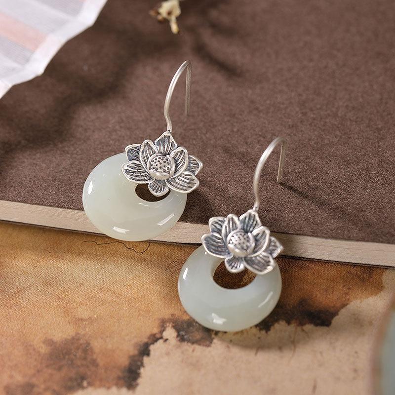 925 Silver Lotus Flower White Jade Earrings