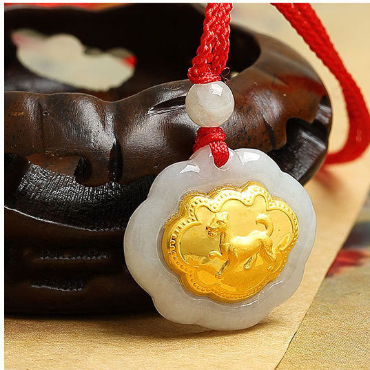 24k Gold 12 Chinese Zodiac Lucky Amulet White Jade Pendant Necklace