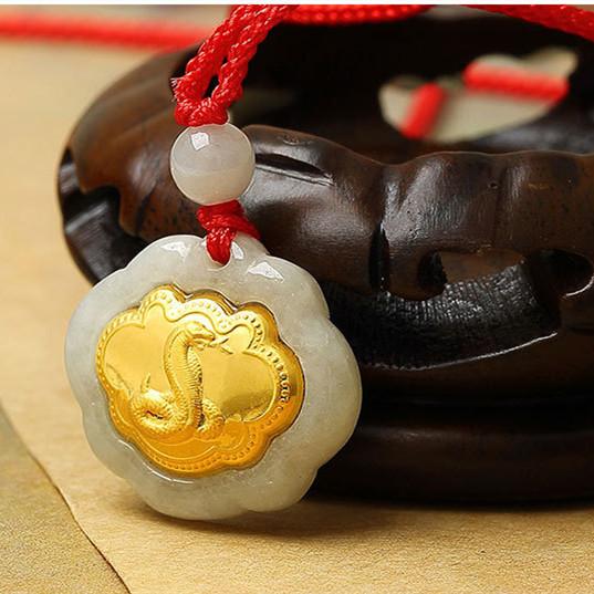 Snake 24k Gold 12 Chinese Zodiac Lucky Amulet White Jade Pendant Necklace