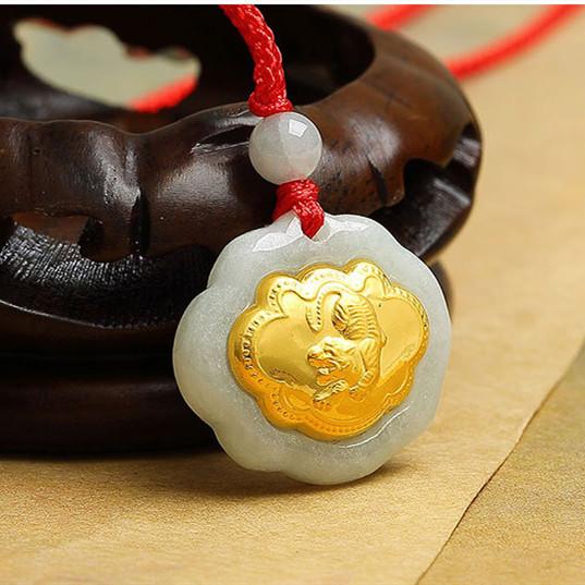 Tiger 24k Gold 12 Chinese Zodiac Lucky Amulet White Jade Pendant Necklace