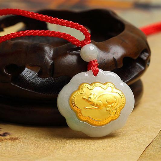 24k Gold 12 Chinese Zodiac Lucky Amulet White Jade Pendant Necklace
