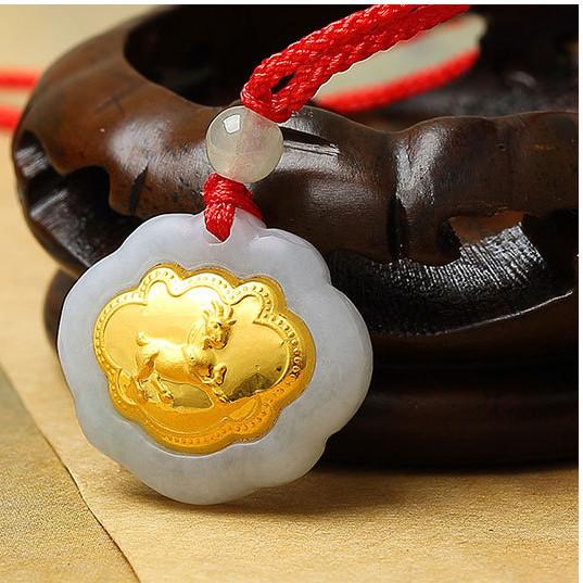 Sheep 24k Gold 12 Chinese Zodiac Lucky Amulet White Jade Pendant Necklace