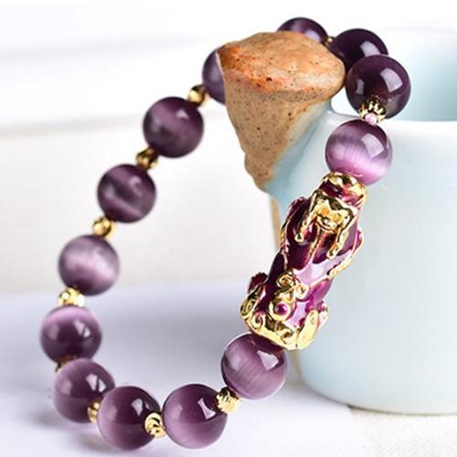 Natural Purple Cat`s Eye Color Changing Pixiu Wealth Bracelet