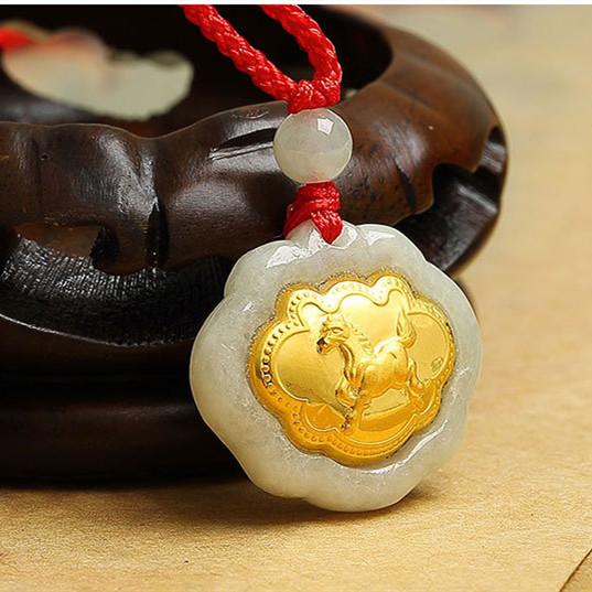 Horse 24k Gold 12 Chinese Zodiac Lucky Amulet White Jade Pendant Necklace