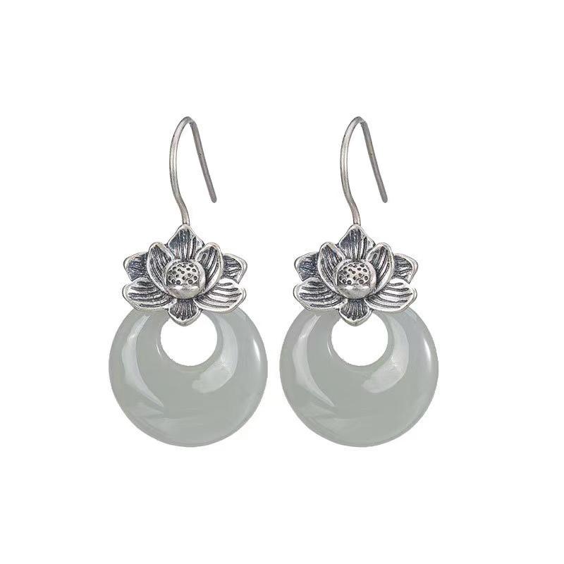 925 Silver Lotus Flower White Jade Earrings
