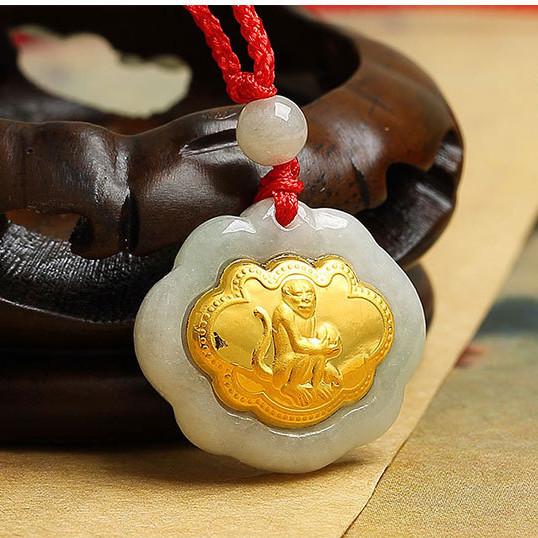 Monkey 24k Gold 12 Chinese Zodiac Lucky Amulet White Jade Pendant Necklace