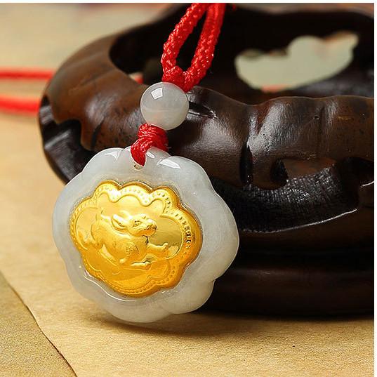 Rabbit 24k Gold 12 Chinese Zodiac Lucky Amulet White Jade Pendant Necklace