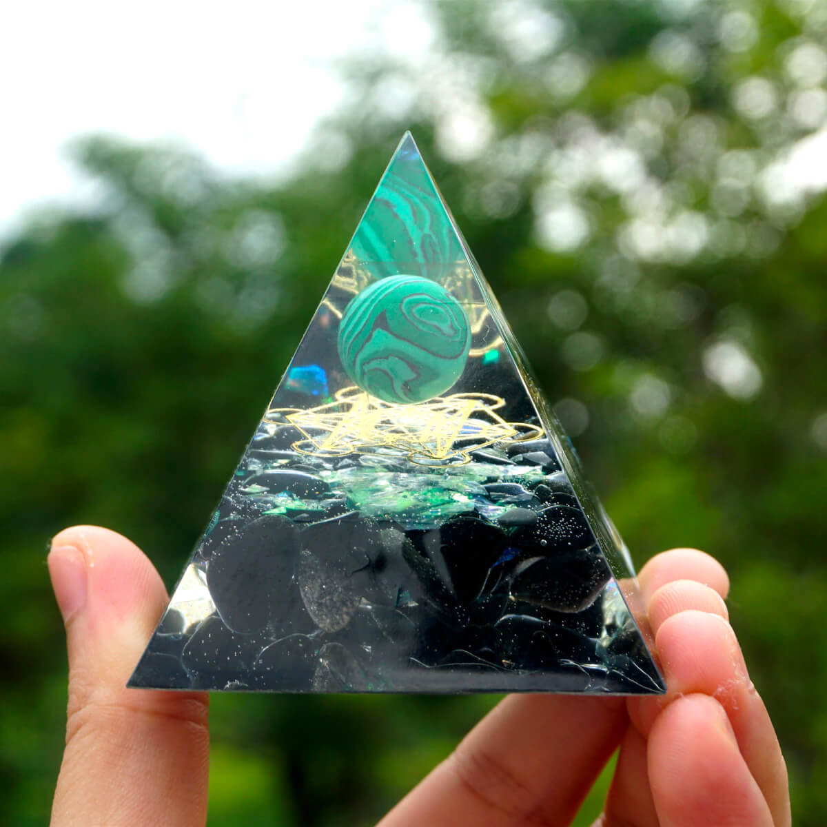 Triple Serenity Malachite & Obsidian Orgone Pyramid