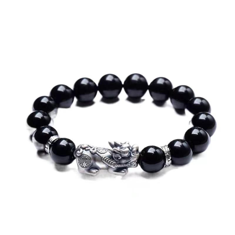Natural Obsidian Silver Pixiu Lucky Bracelet