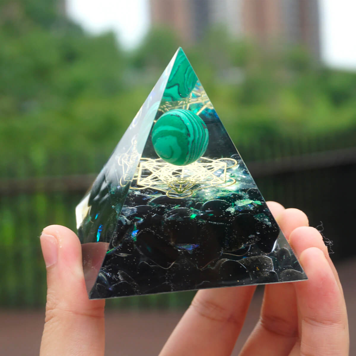Triple Serenity Malachite & Obsidian Orgone Pyramid