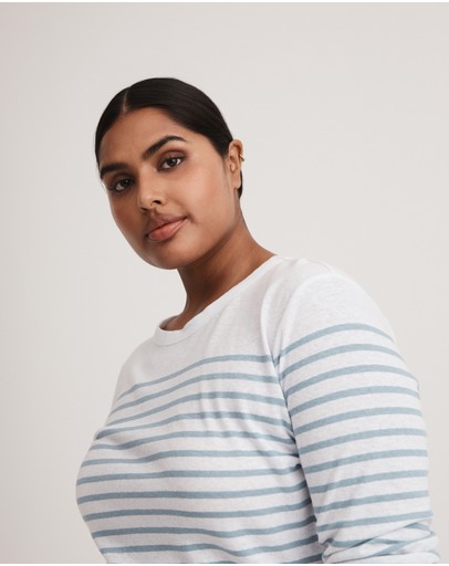 Witchery Stripe Linen Blend Long Sleeve Top