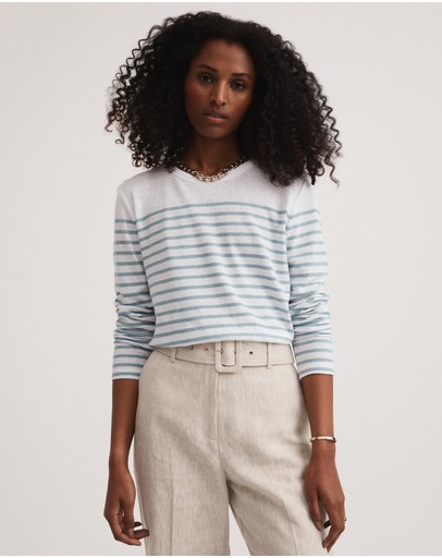Witchery Stripe Linen Blend Long Sleeve Top