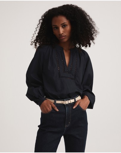 Witchery Cotton Self Stripe Trim Blouse