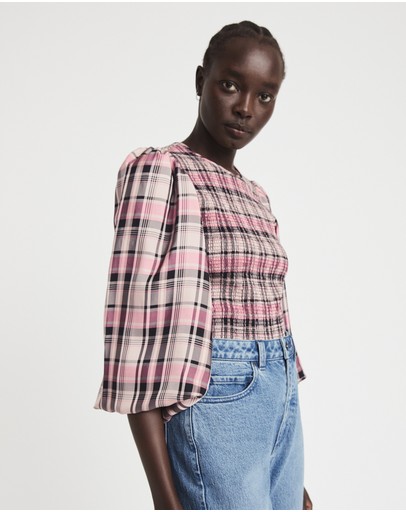 Witchery Check Puff Sleeve Blouse