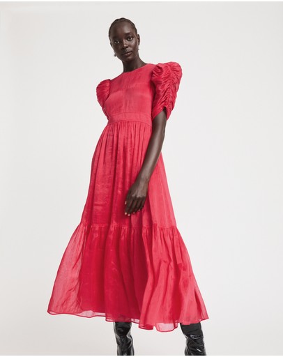 Witchery Linen Silk Gathered Sleeve Dress