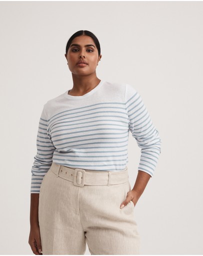 Witchery Stripe Linen Blend Long Sleeve Top