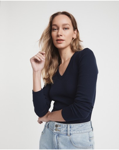 Witchery Cotton V Neck Rib Top