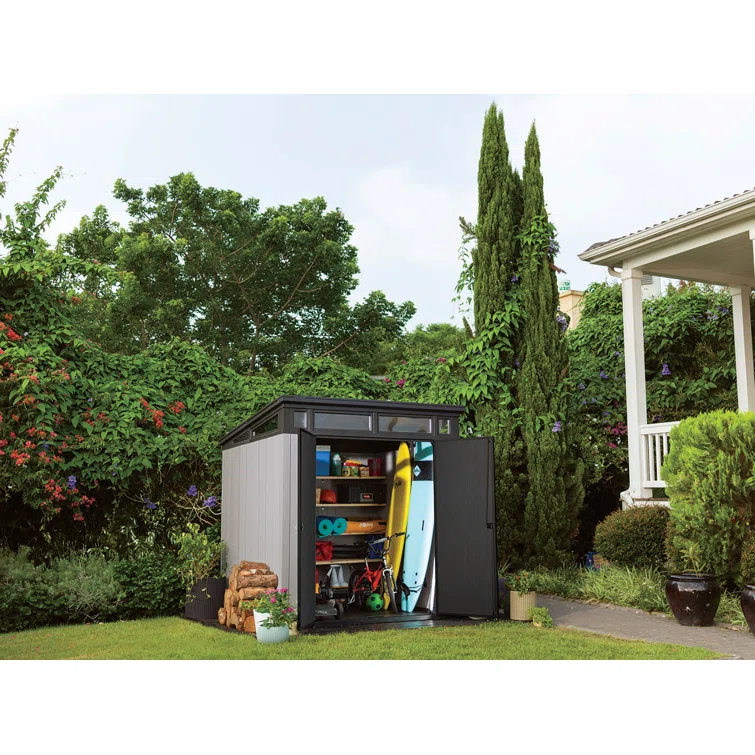 Keter Artisan 7x7 ft. Modern Durable Resin Outdoor Storage Shed With Floor and Double Doors for Garden Patio Furniture and Tools, Grey