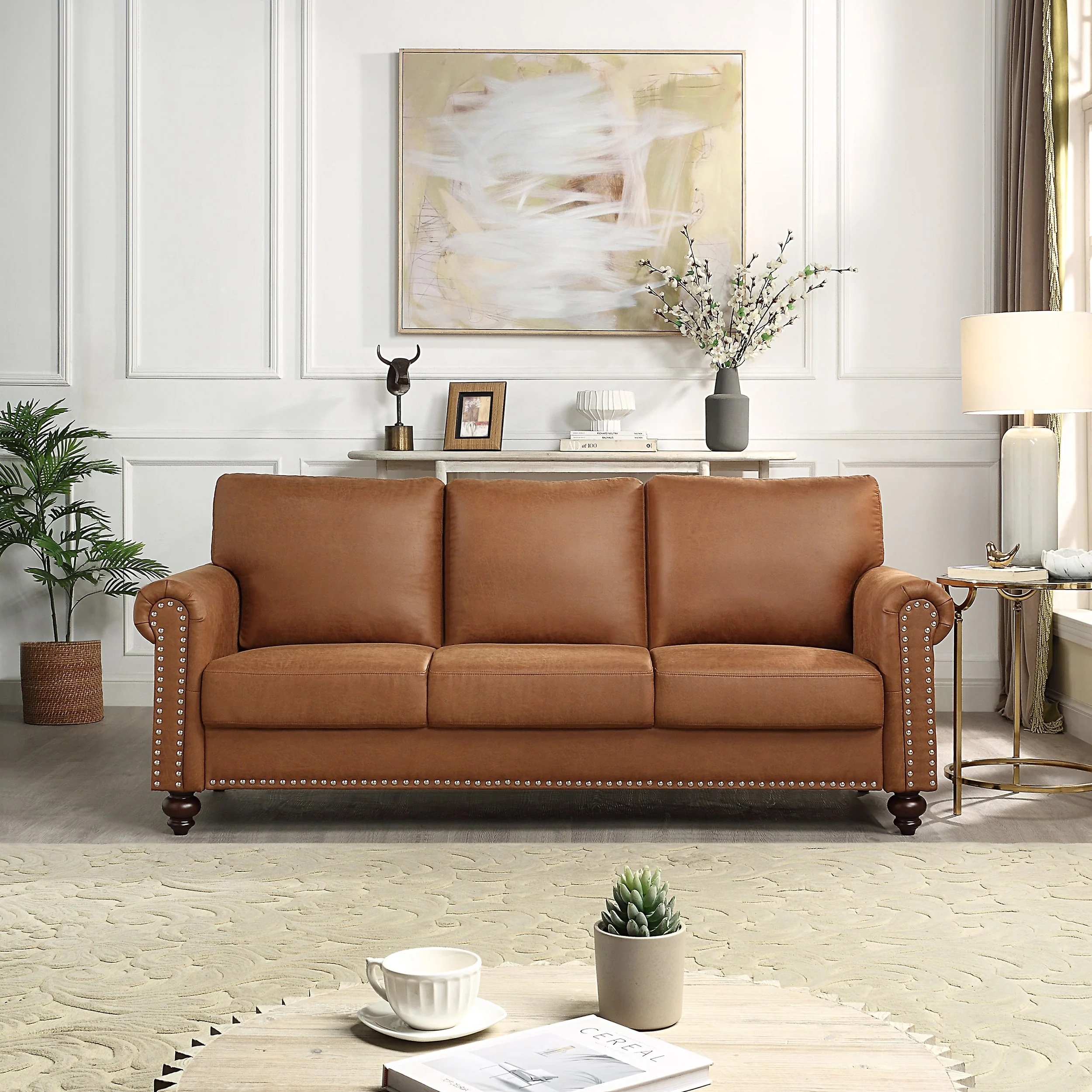 Brown Faux Leather Fabric Upholstery Sofa - 31.50 x 80.31 x 34.25