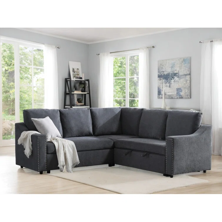 Multifunctional L-shaped Chenille Sofa with Pull-out Bed, Corner Sofa, Comfortable Sofa Set, Sleeper Sofa Bed Rivet Dechenille