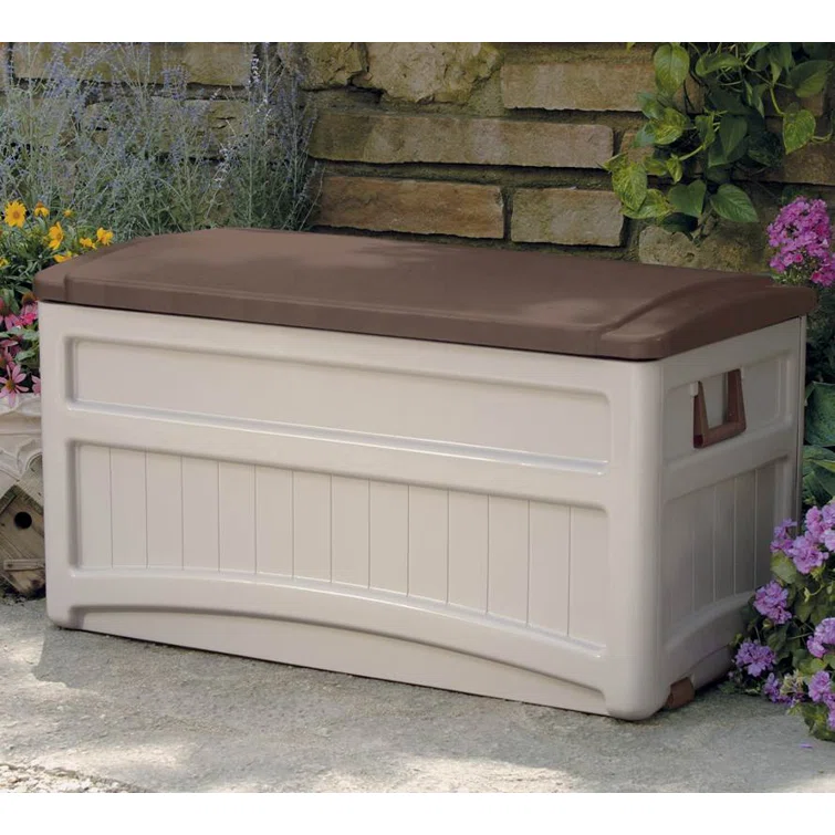 Suncast 78 Gallon Water Resistant Resin Deck Box with Wheels in Light Taupe/Mocha