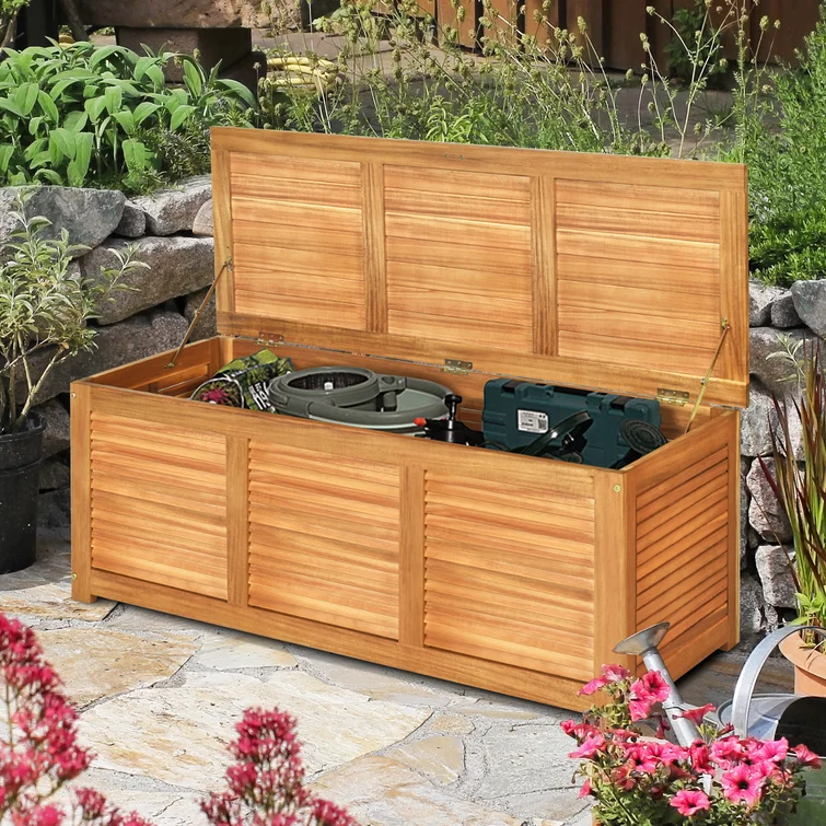 Gymax 47.5'' W 47 Gallons Solid Wood Acacia Deck Box in Natural Teak