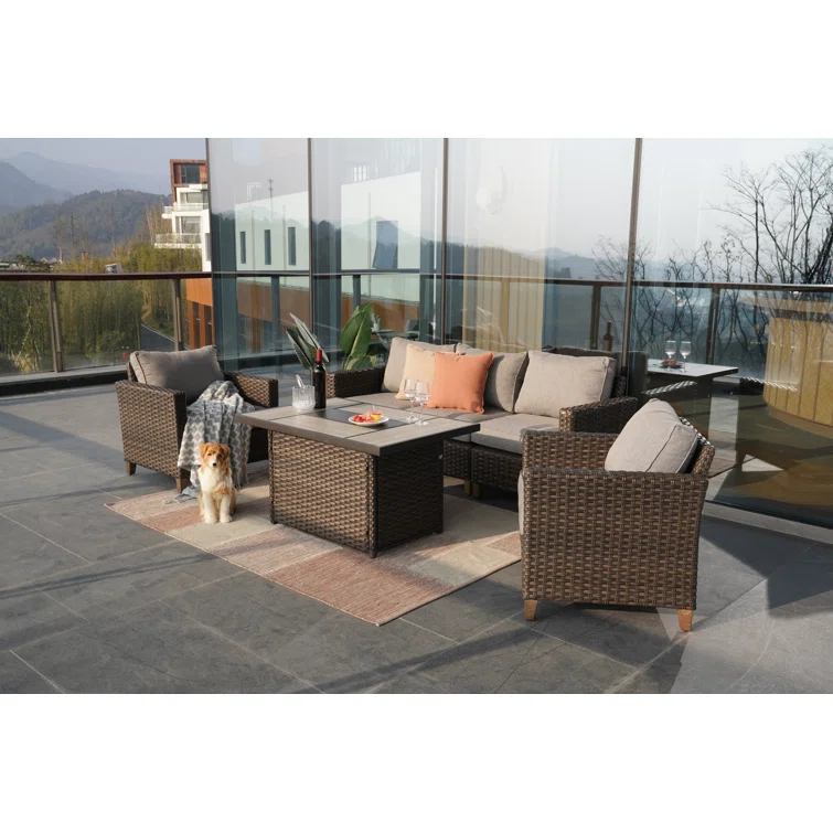 6-Pieces Wicker Conversation Set With Fire Pit Table