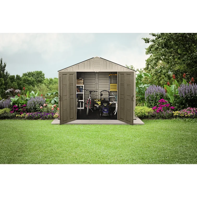 Keter Stronghold 10x8 ft. Durable Resin Outdoor Storage Shed With Floor and Double Doors for Garden Patio Furniture and Tools, Brown