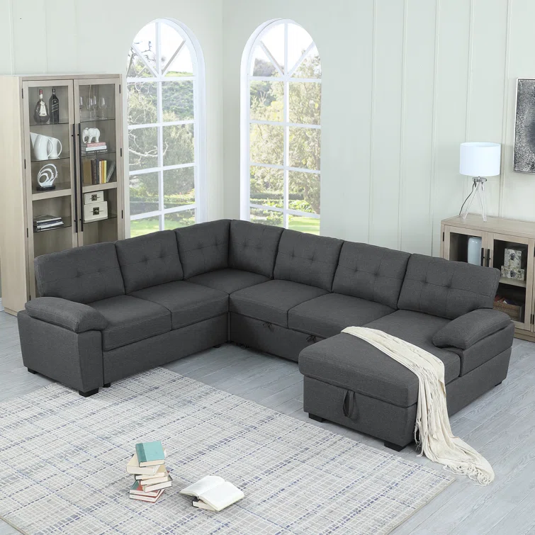 Aine 118" Wide Fabric Sectional Sleeper Sofa (Pull-Out Bed) With Storage Chaise