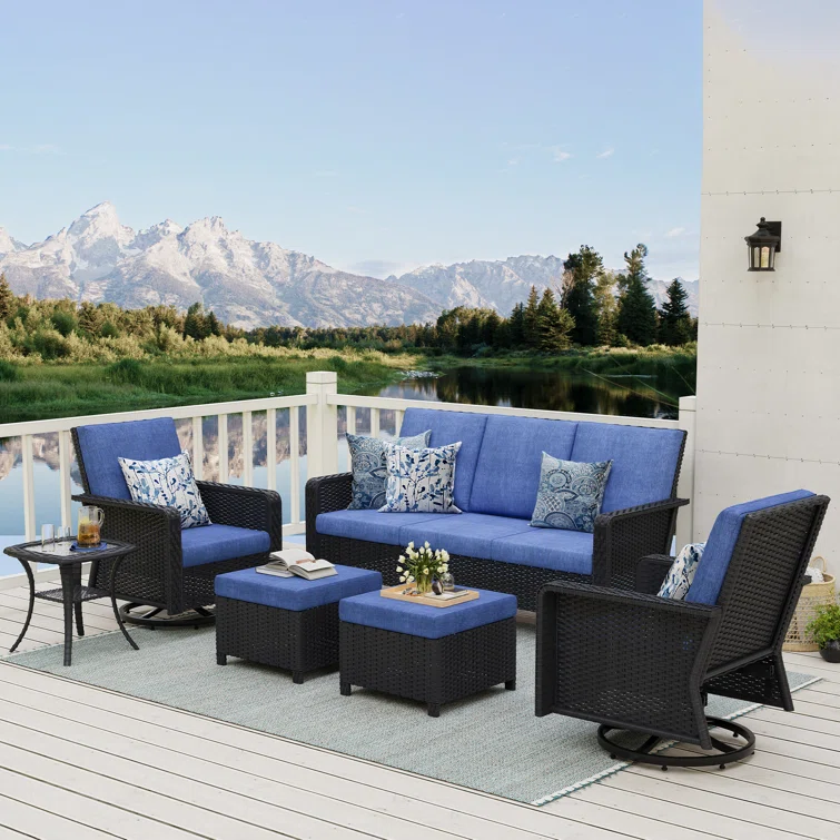 Torgeir 6 Piece Patio Set Rattan Outdoor Furniture Set with Cushions