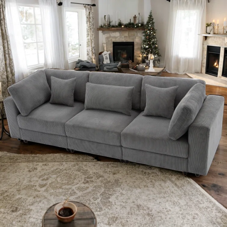 Pasol 3-Seater Sofa with Removable Back Cushions and 5 Pillows Soft Corduroy Cushions
