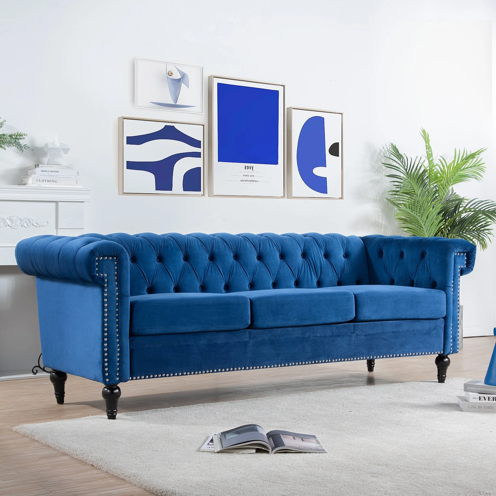 Traditional Square Arm Tufted Upholstery Three-Seater Sofa - 32.68 x 83.66 x 29.53