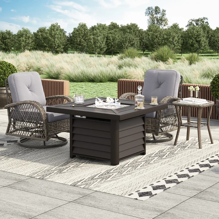 Baecher Wicker / Rattan 2 - Person Outdoor Seating Group with Swivel & Glider Chair Set and Aluminum Fire Pit Table