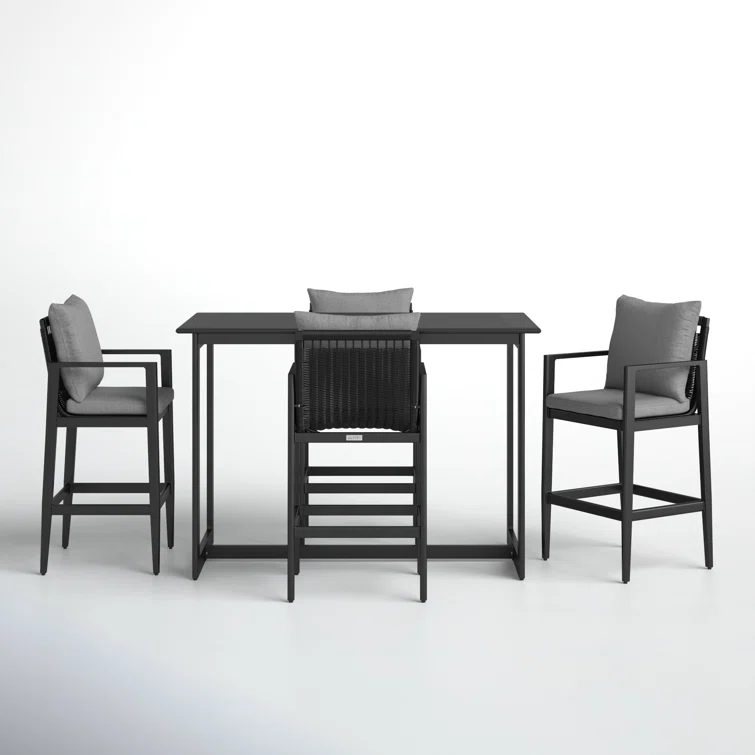 Trosclair 5 Piece Outdoor Patio Bar Table Set in Aluminum with Grey Cushions