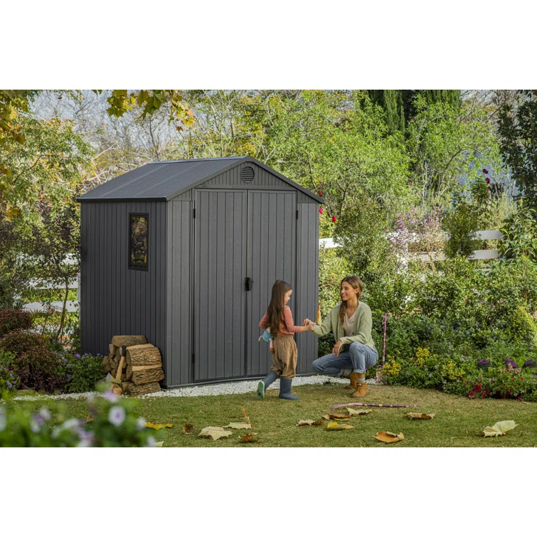 Keter Darwin 6x6 ft. Durable Resin Outdoor Storage Shed With Floor and Double Doors for Garden Patio Furniture and Tools, Graphite