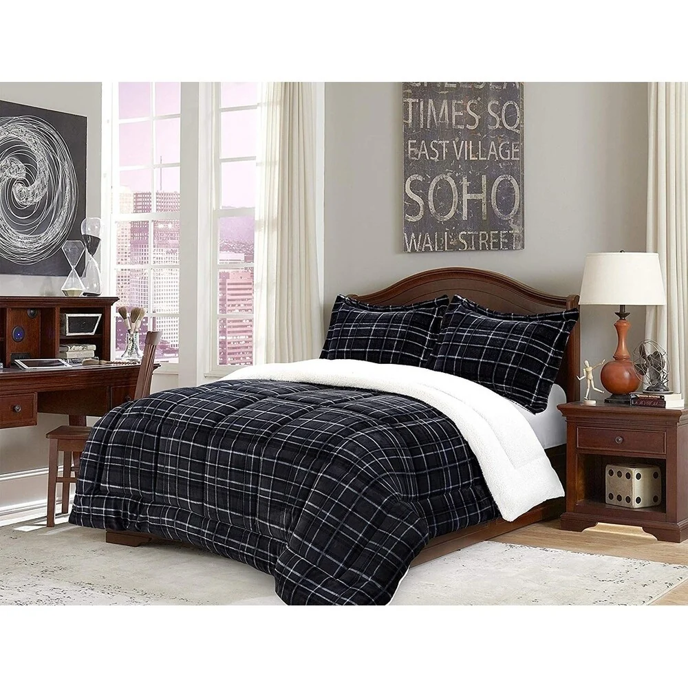 Elegant Comfort 3-Piece Plaid Pattern Sherpa-Backing Reversible Comforter Set