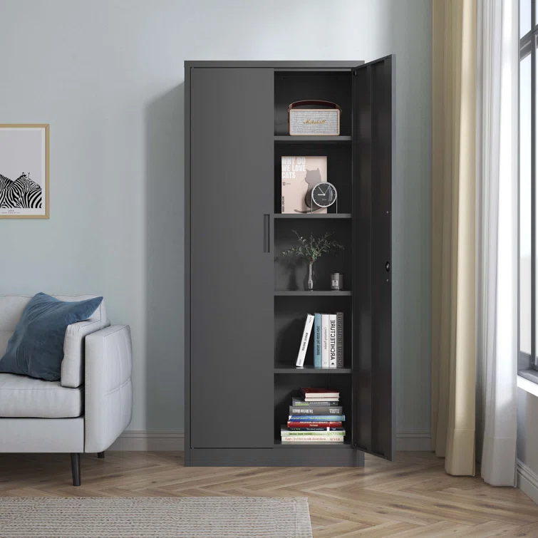 72" Metal Garage Storage Cabinets with Lock,Black Storage Cabinet with Doors and Shelves