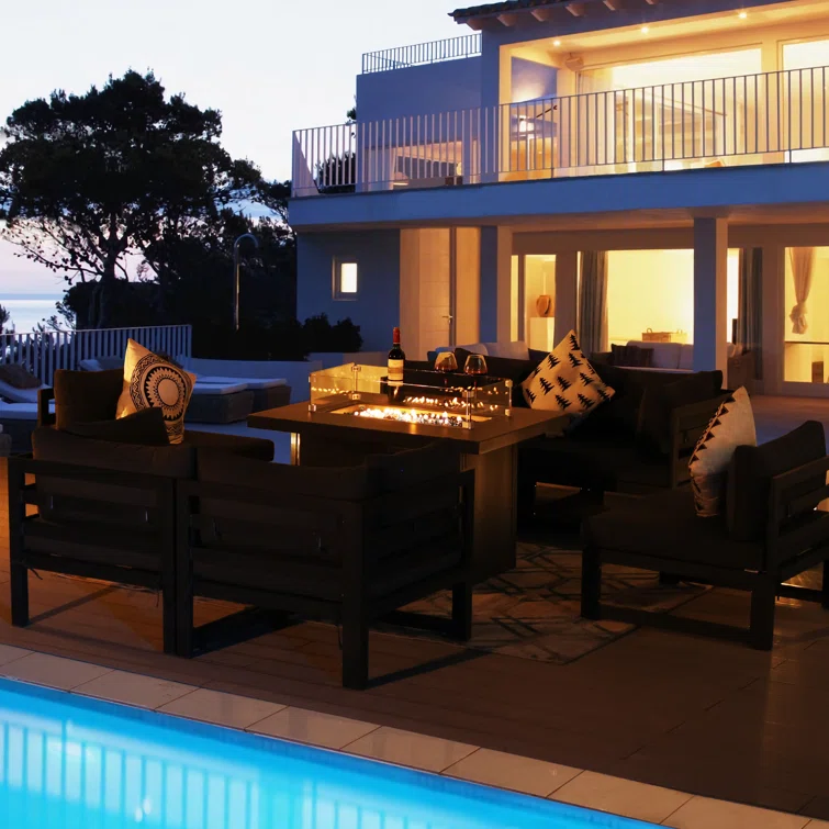 Gillet 7 Piece Patio Outdoor Aluminum Furniture Set with Fire Pit Table 55,000 BTU