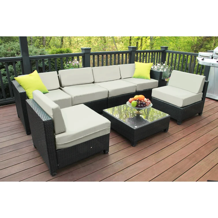 Lelusa 7 Piece Patio Wicker Outdoor Sectional Seating Group with Cushions Glass Coffee Table