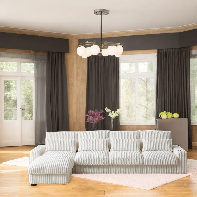 L-shaped Corduroy Sofa With USB Port, T-pyce Port, Movable Footrest, Cup Holder, And Cushions