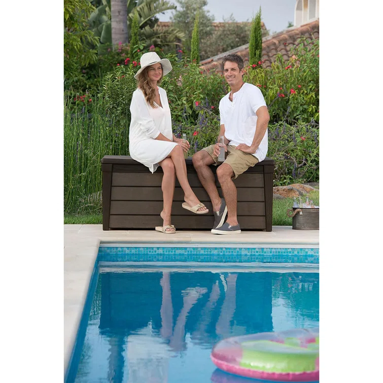 Keter Brushwood 120 Gallon Durable Resin Outdoor Storage Deck Box For Furniture and Supplies, Brown