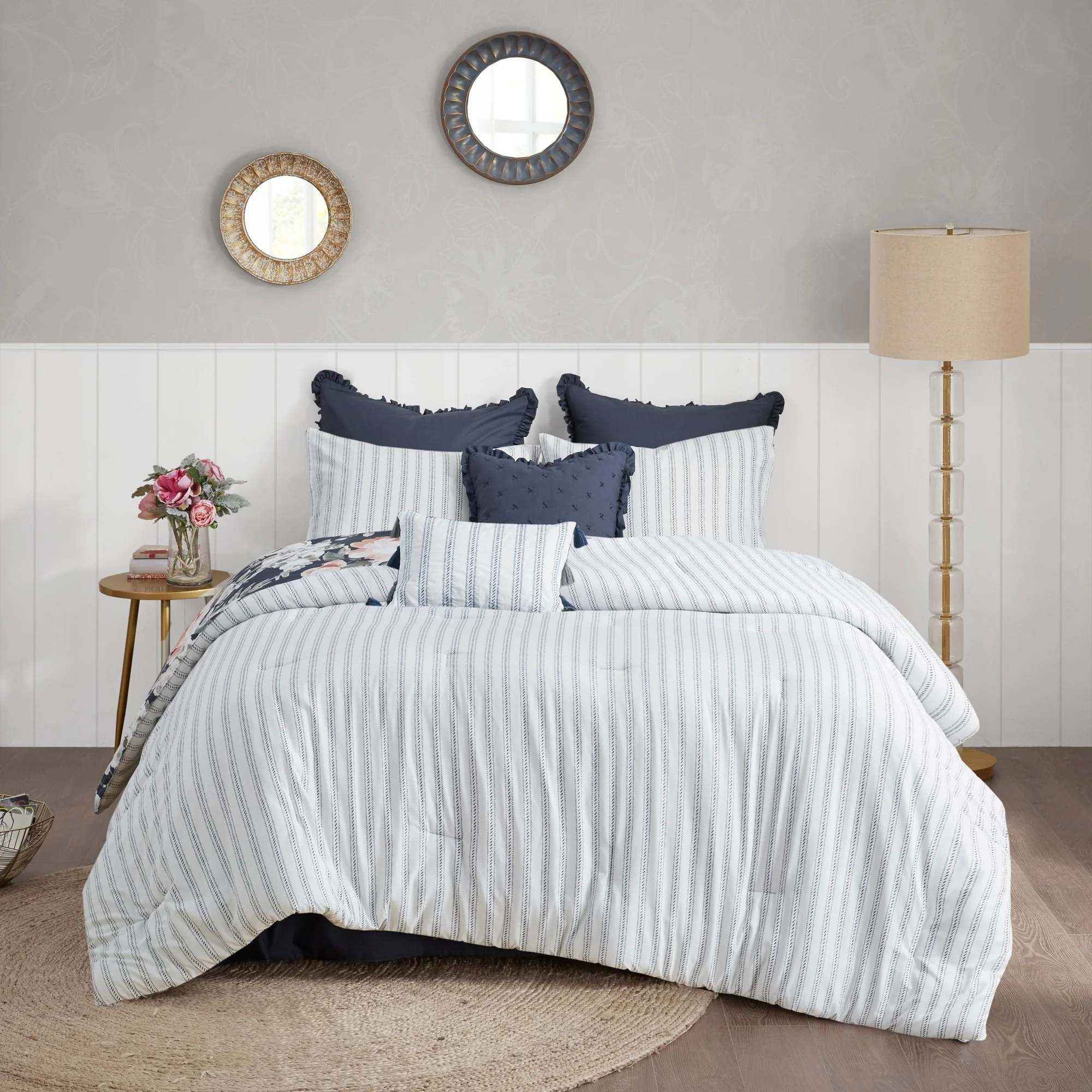 Madison Park Kalina Dark Blue 8 Piece Cotton Printed Reversible Comforter Set