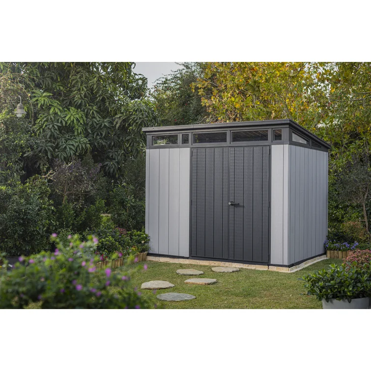 Keter Artisan 9x7 ft. Modern Durable Resin Outdoor Storage Shed With Floor and Double Doors for Garden Patio Furniture and Tools, Grey