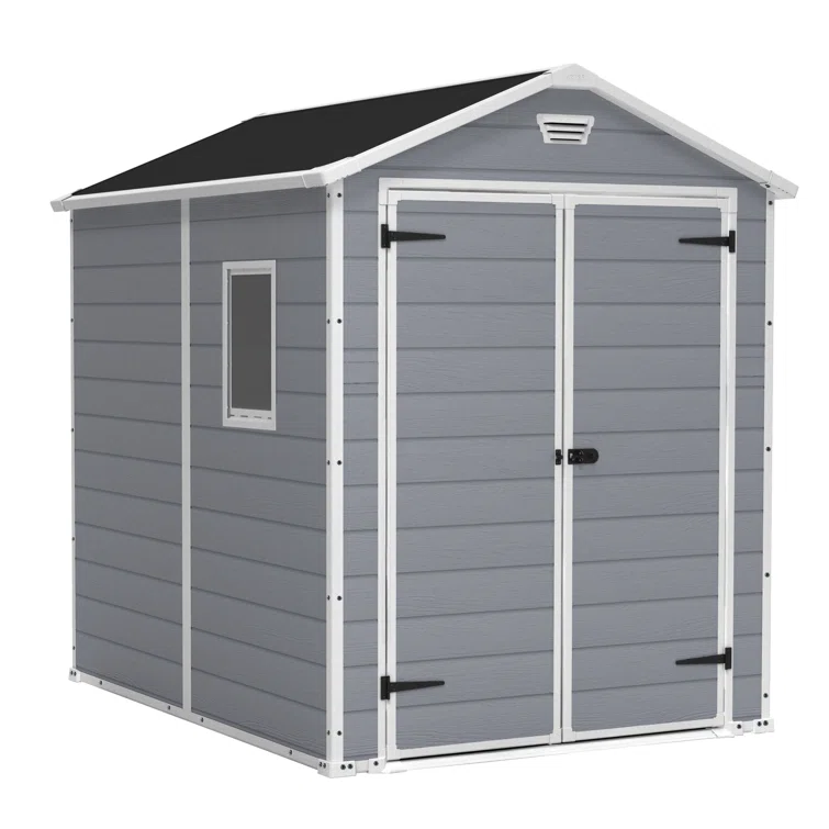 Keter Manor 6x8 ft. Durable Resin Outdoor Storage Shed With Floor and Double Doors for Garden Patio Furniture and Tools, Grey
