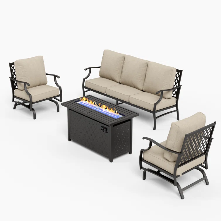Asfand 5 - Person Patio Conversation Set with Rocking Lounge Chairs & Firepit Table