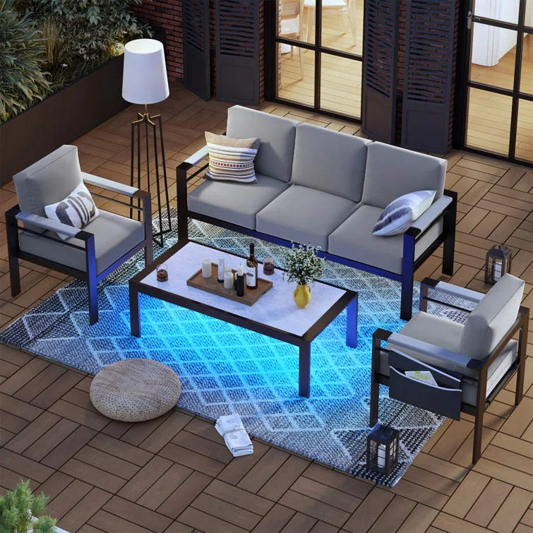 Nell Aluminum 5 - Person Seating Group with Cushions and LED Coffee Table