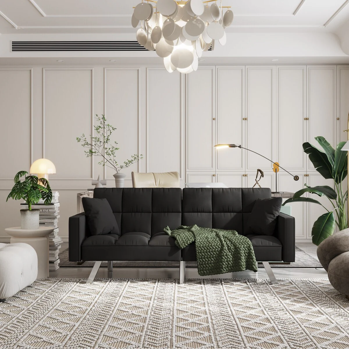 Velvet Sofa Couch Bed with Armrests and 2 Pillows