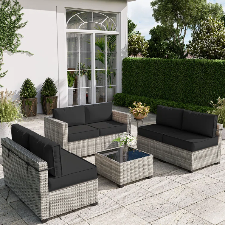 7 Piece Rattan Sectional Seating Group With 5-inch Thicker Cushions