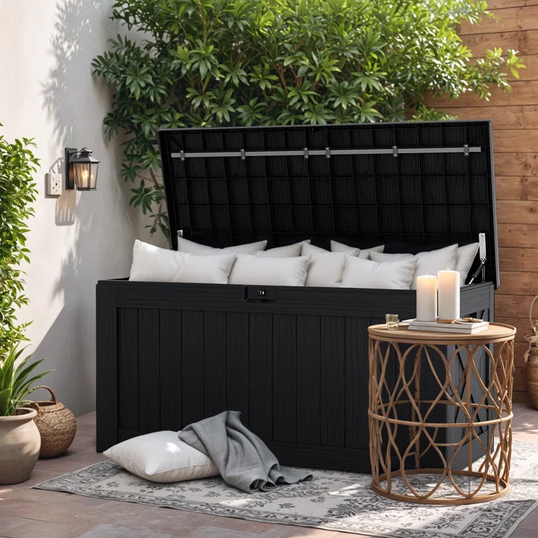 GUNJI 106 Gallon Water Resistant Resin Lockable Deck Box in Black