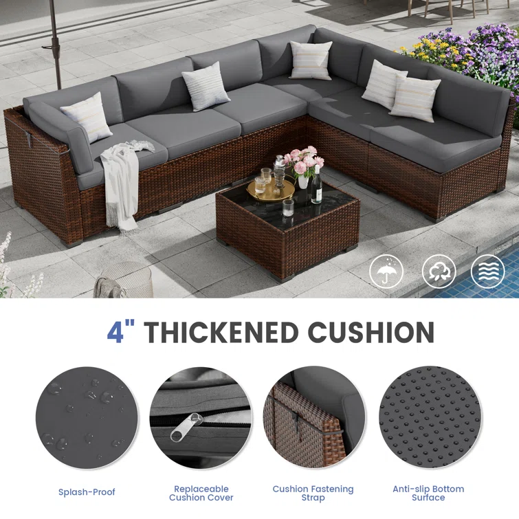 7 Piece Rattan Sectional Seating Group with Cushions
